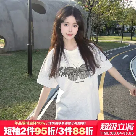 超火小众ins风宽松纯棉花灰色短袖t恤女设计感蝴蝶印花半袖上衣夏商品大图