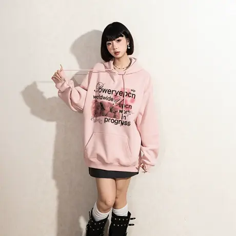YEP印花连帽卫衣女春季2025年新款美式复古帽衫宽松潮牌街头外套商品大图