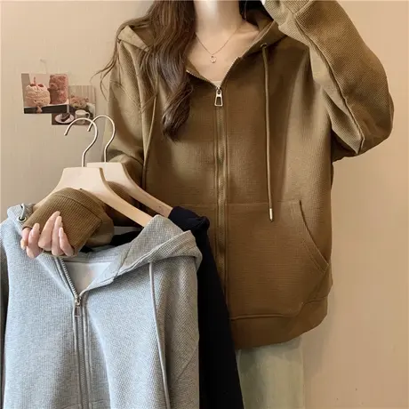 华夫格连帽开衫拉链卫衣女春秋薄款宽松慵懒风bf长袖上衣外套潮商品大图