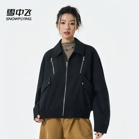 雪中飞翻领短款外套女2025秋季新款时尚百搭休闲宽松显瘦夹克上衣商品大图