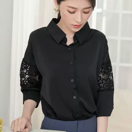 桔熊春秋季法式浪漫风雪纺衬衫镂空蕾丝五分袖上衣女大码AB14540图片