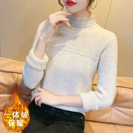 洋气钉珠蕾丝领一体绒毛衣打底衫女秋冬加绒加厚保暖内搭修身上衣图片