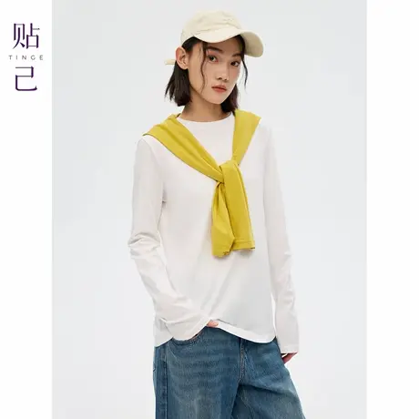 TINGE贴己有机100%纯棉圆领打底正肩长袖T恤女25年秋季微透上衣商品大图
