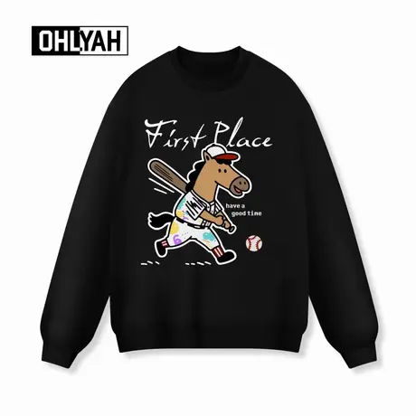 Ohlyah品牌秋冬新款卡通小马球员印花落肩卫衣男女款情侣休闲圆领商品大图