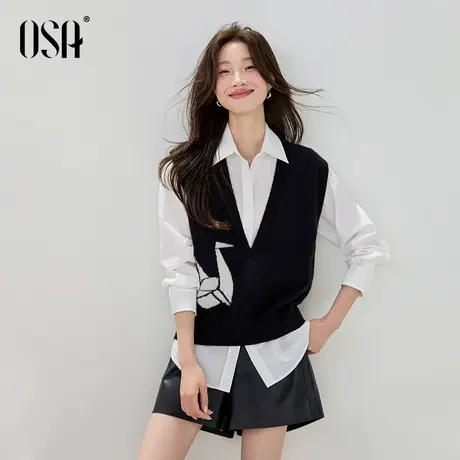 OSA欧莎复古提花背心马甲针织衫女2025年秋季新款慵懒宽松V领上衣商品大图