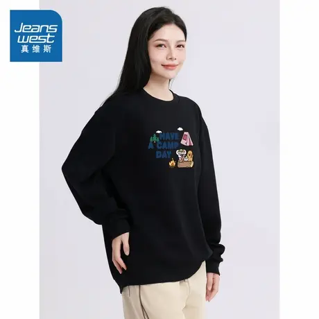 NX真维斯女装2025秋季新款趣味印花加绒保暖舒适长袖圆领卫衣女商品大图