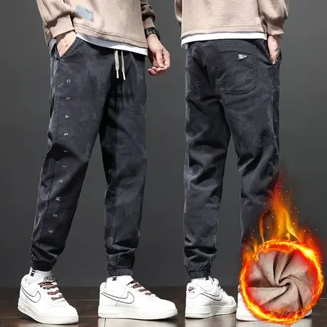 冬季男款高级感束脚迷彩休闲牛仔裤秋冬款加绒加厚防风保暖男裤子商品大图