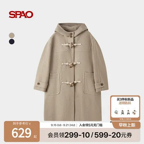【含绵羊毛】SPAO韩国同款25年冬季新品女士气质连帽牛角扣大衣商品大图