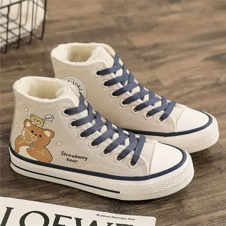 棉鞋2023冬季加绒新款帆布鞋系带平底女高帮球鞋学生透气运动板鞋商品大图