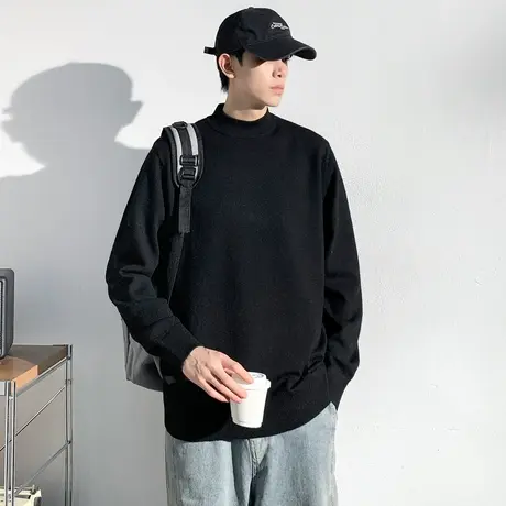 唐狮冬季新款男士毛衣半高领净色打底黑色毛衣内搭含羊毛舒适TD图片