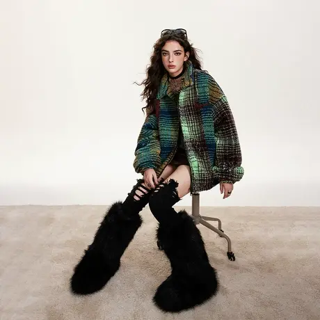 复古拼色格子夹棉冬天外套女新款加厚棉服宽松oversize棉衣ins潮图片