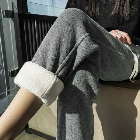 灰色羊羔绒运动裤女秋冬宽松显瘦哈伦裤休闲加厚加绒卫裤特厚裤子图片