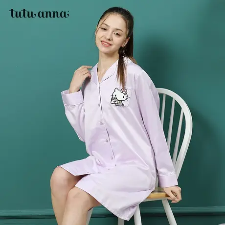 tutuanna春秋睡衣女 长袖Hello kitty女士秋季薄款睡裙翻领家居服图片