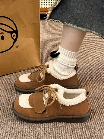 日系羊羔毛棉鞋女2023秋冬新款加绒加厚复古保暖平底丑萌雪地棉靴商品大图