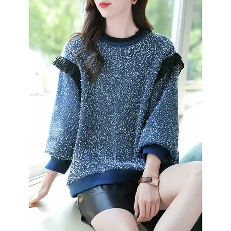 宝诗黎木耳边拼接圆领棉质亮丝卫衣女春秋季新款落肩长袖宽松上衣图片