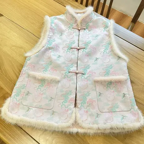 素飞新中式马甲秋冬加绒保暖背心手工盘扣水貂毛拼接背心Z23021图片