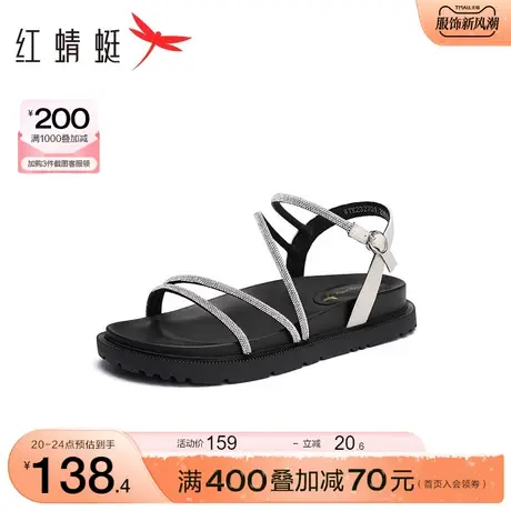 红蜻蜓女凉鞋2023夏季新款时装凉鞋带钻一字带凉鞋女舒适平底凉鞋图片