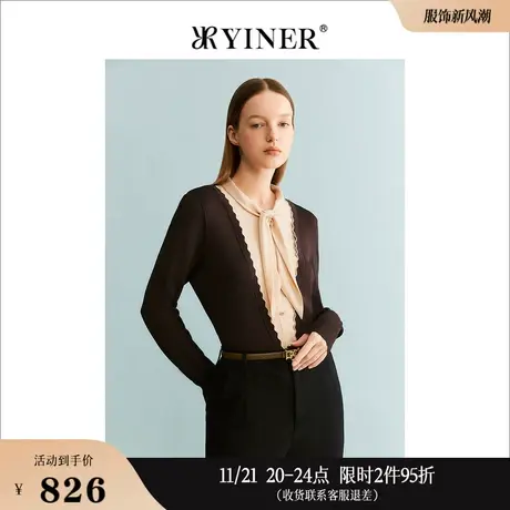 YINER音儿专选女装秋季法式优雅套头上衣撞色飘带领针织衫商品大图