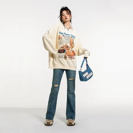 yep美式复古卫衣女春秋薄款圆领长袖oversize上衣设计感hiphop商品大图