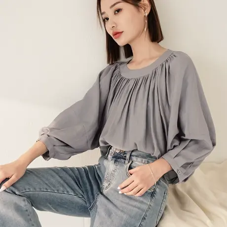 桔熊秋季法式慵懒风琴褶优雅宽松蝙蝠袖中长款上衣女大码AB18913商品大图