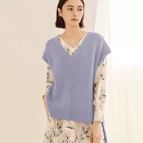 桔熊秋冬季简约外搭V领宽松遮肉温暖包芯纱短袖毛衣女大码FA2645商品大图