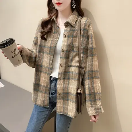 口袋磨毛拼色格子衬衫女装2023年秋冬新款韩版加厚衬衣潮百搭上衣商品大图