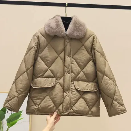 2023新款女装冬宽松短款羽绒棉服女毛领小个子棉袄外套焦糖色遮肉图片