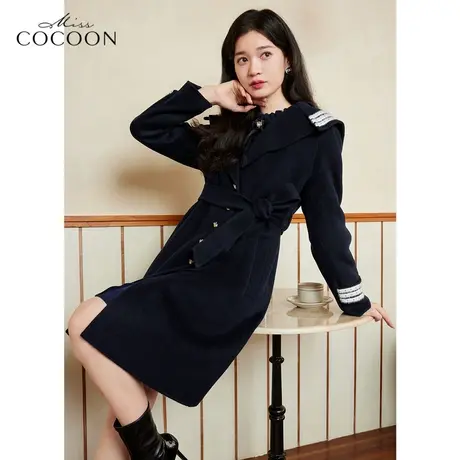 MISSCOCOON学院风海军领毛呢外套女2022新款冬减龄气质羊毛呢大衣商品大图