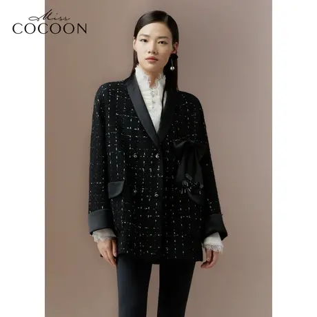 COCOON商场同款2023秋冬新款绸缎拼接蝴蝶结毛呢外套商品大图