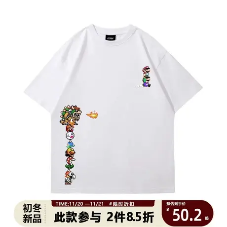趣味像素风马里奥男款纯棉短袖日系t恤女夏季2025新款宽松半袖图片