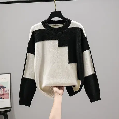 2023春秋新款韩版宽松圆领拼色针织衫毛衣女士打底衫内搭长袖上衣商品大图