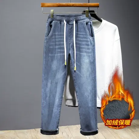 冬季加绒牛仔裤男松紧带腰潮牌合体直筒春秋休闲橡筋宽松系带长裤商品大图