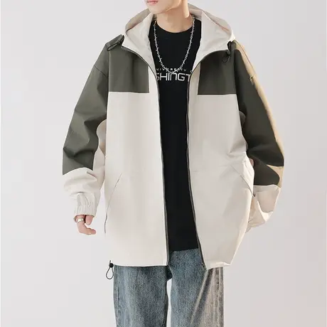港风拼色夹克男士春秋款潮牌宽松连帽外套青少年休闲户外冲锋衣服商品大图