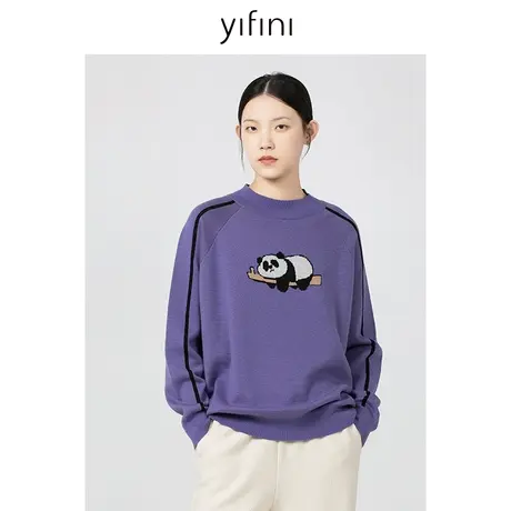 Yifini/易菲宽松落肩紫色毛衫女2023秋季新款圆领熊猫印花针织衫商品大图