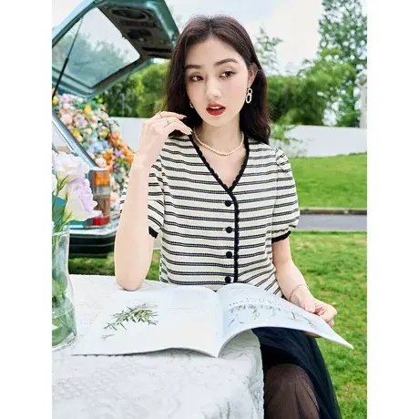 时尚气质条纹显瘦短袖外套女士2023年夏季新款减龄V领透气上衣商品大图