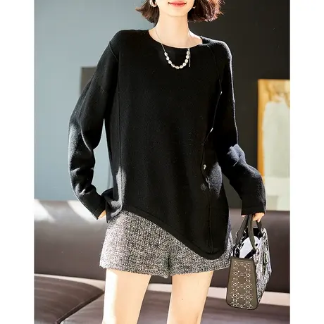 宝诗黎圆领宽松慵懒羊毛针织衫女设计感2024新款春季纯色内搭毛衣图片