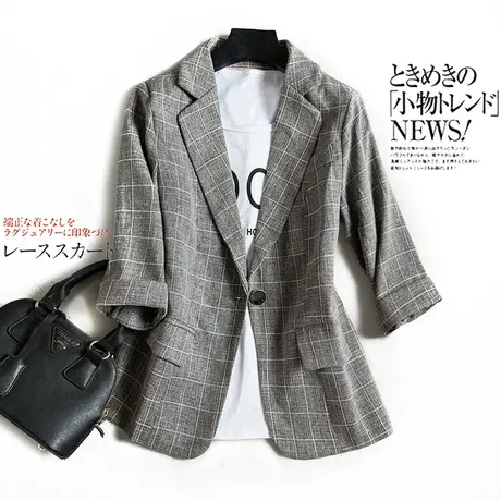 格子西装外套女短上衣2025春装新款修身韩版七分袖网红小西服薄款商品大图