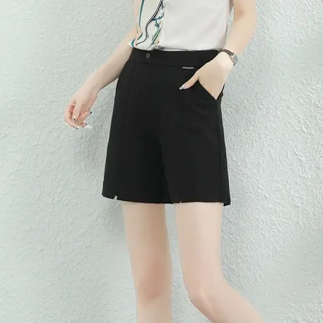 韩潮袭人松紧高腰开叉西装短裤女2024夏新款黑色宽松阔腿五分裤薄图片