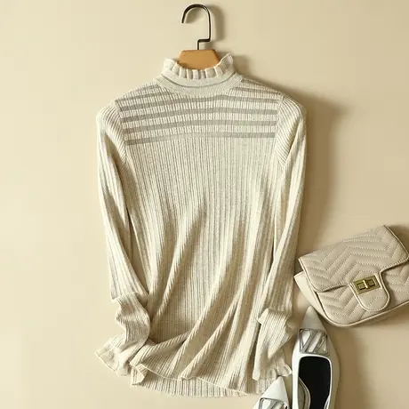 清仓！蕾丝半高领条纹镂空针织衫2024春装新款套头毛衣打底衫上衣商品大图