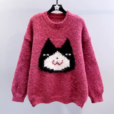 日系卡通可爱小猫提花毛衣女冬季2023新款慵懒风宽松中长款针织衫商品大图