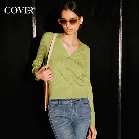 COVER秋季提花天丝混纺贝壳扣V领针织衫图片