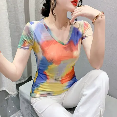 扎染印花T恤女短袖时尚性感V领小衫网纱修身上衣洋气显瘦体恤夏装图片
