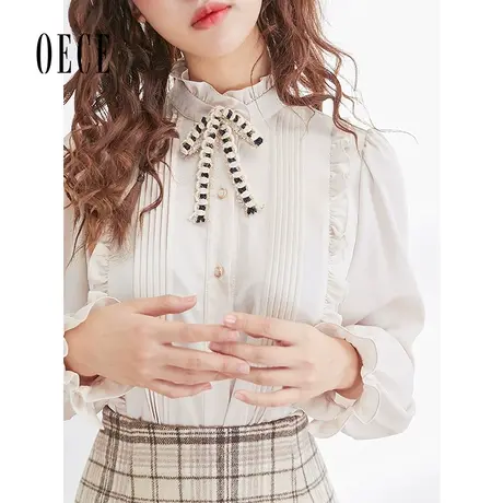 Oece春秋新款女温柔法式花边系带长袖春秋衬衫上衣商品大图
