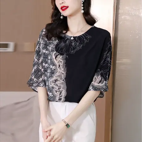 真丝衬衫T恤女2023年新款夏季时尚洋气设计感小众圆领印花女小衫商品大图