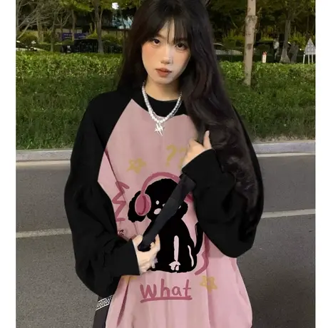 插肩袖卫衣女圆领宽松小众设计感秋冬2023爆款美式复古落肩上衣潮商品大图