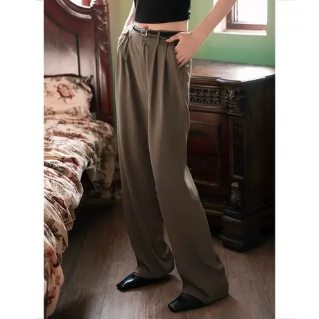 弥古棕色西装裤冰丝阔腿裤长裤女春秋高腰休闲西裤直筒裤垂感裤子商品大图