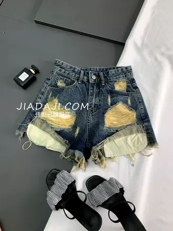 水洗磨破口袋牛仔短裤女2023春夏新款显瘦百搭高腰阔腿a裤辣妹裤商品大图