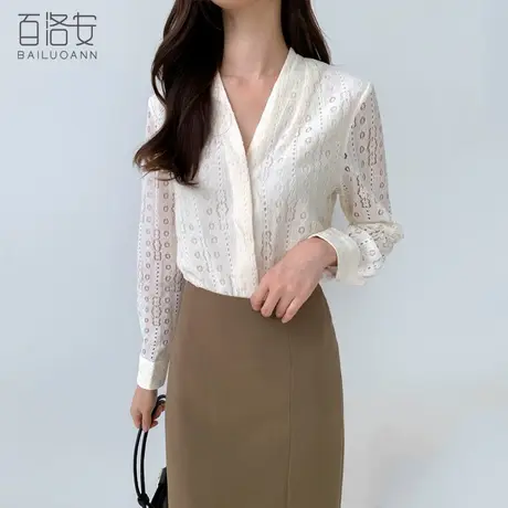 百洛安法式V领长袖衬衫女2024春季新款时尚复古蕾丝镂空衬衣上衣商品大图