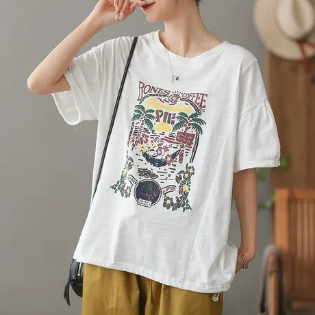 dza文艺复古纯棉短袖T恤女2023夏季薄款圆领体恤宽松显瘦打底上衣商品大图