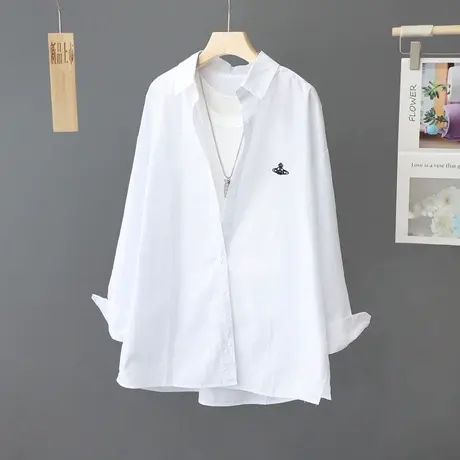 2024春装新款上衣简约纯棉白色衬衫女长袖中长款宽松休闲衬衣寸衫商品大图